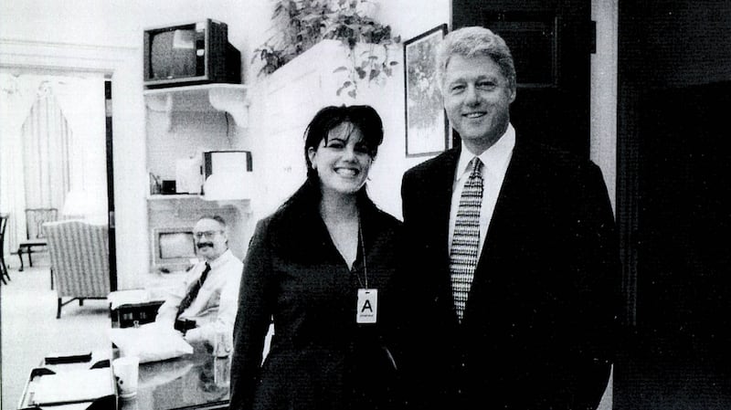 A photograph showing former White House intern Monica Lewinsky meeting president Bill Clinton at a White House function submitted as evidence in documents by the Starr investigation and released by the House Judicary committee September 21, 1998.