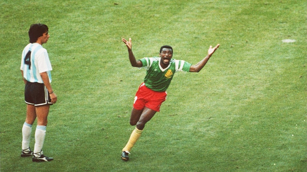 Cameroon’s François Omam-Biyik celebrates his goal against Argentina. Photograph: David Cannon/Allsport