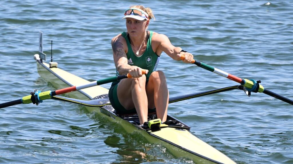 Ireland’s Sanita Puspure on her way to winning the women’s single sculls quarter-final at the Tokyo 2020 Olympic Games. Photograph: Charly Triballeau/AFP