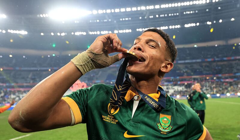 2023 Rugby World Cup Final, Stade de France, Paris, France 28/10/2023
New Zealand vs South Africa
South Africa’s Kurt-Lee Arendse celebrates with his gold medal
Mandatory Credit ©INPHO/Dan Sheridan