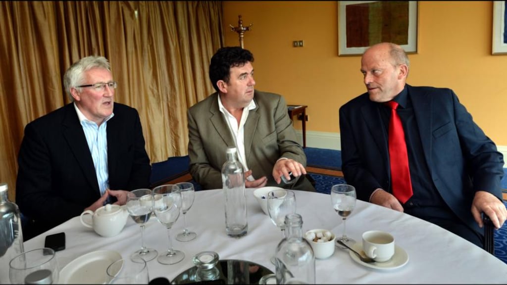 Pat Spillane, Des Cahill and Ger Loughnane chat about the coming championship season in the Radisson Hotel, Stillorgan. Photograph: Brenda Fitzsimons