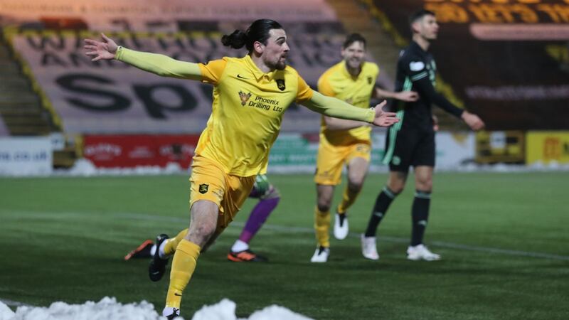 Ciaron Brown of Livingston celebrates scoring the opening goal during the Scottish Premiership match against Celtic at Tony Macaroni Arena. Photograph: Ian MacNicol/Getty Images