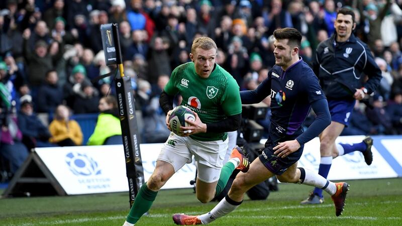 Keith Earls of Ireland scores his side’s third try during the Six Nations win over Scotland at Murrayfield. Photo: Stu Forster/Getty Images