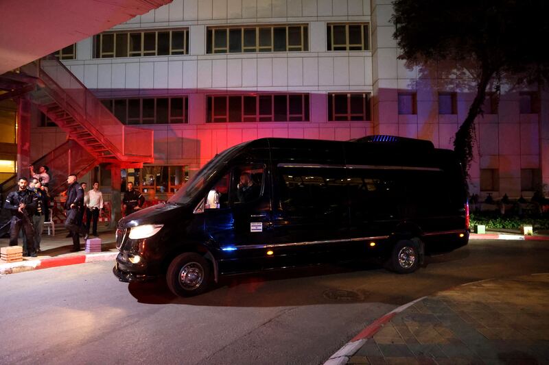 A vehicle carrying Israeli hostages released by Hamas from the Gaza Strip arrives at the Sheba Medical Center in Ramat Gan on Sunday. Photograph: Jack Guez/AFP via Getty