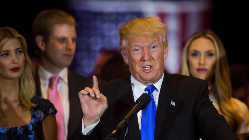 Donald Trump speaks at his Indiana primary night event at Trump Tower in New York, on Tuesday. Photograph: New York Times
