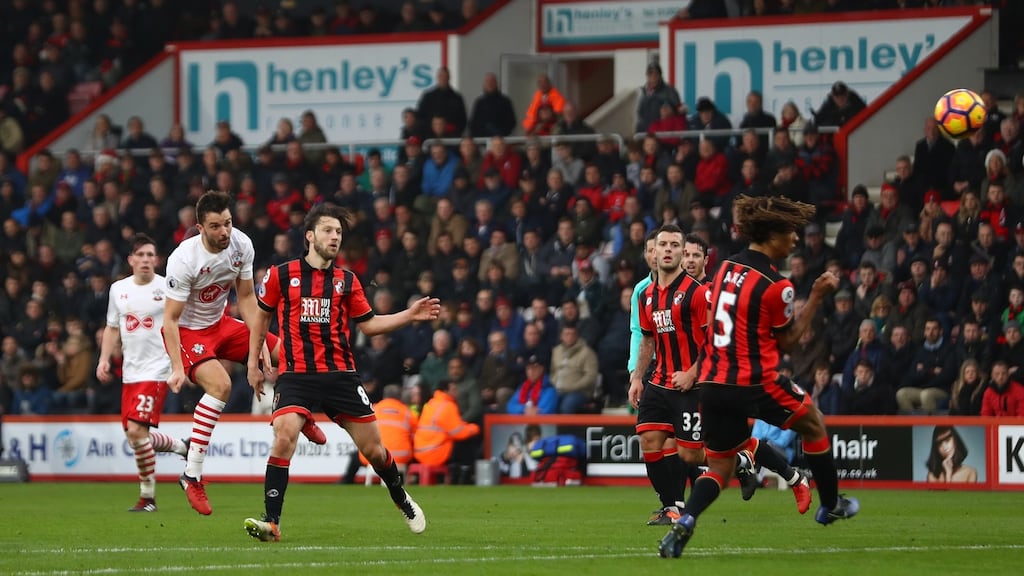 Jay Rodriguez of Southampton scores his side’s third goal during the Premier League match against Bournemouth at Vitality Stadium. Photograph: Michael Steele/Getty Images