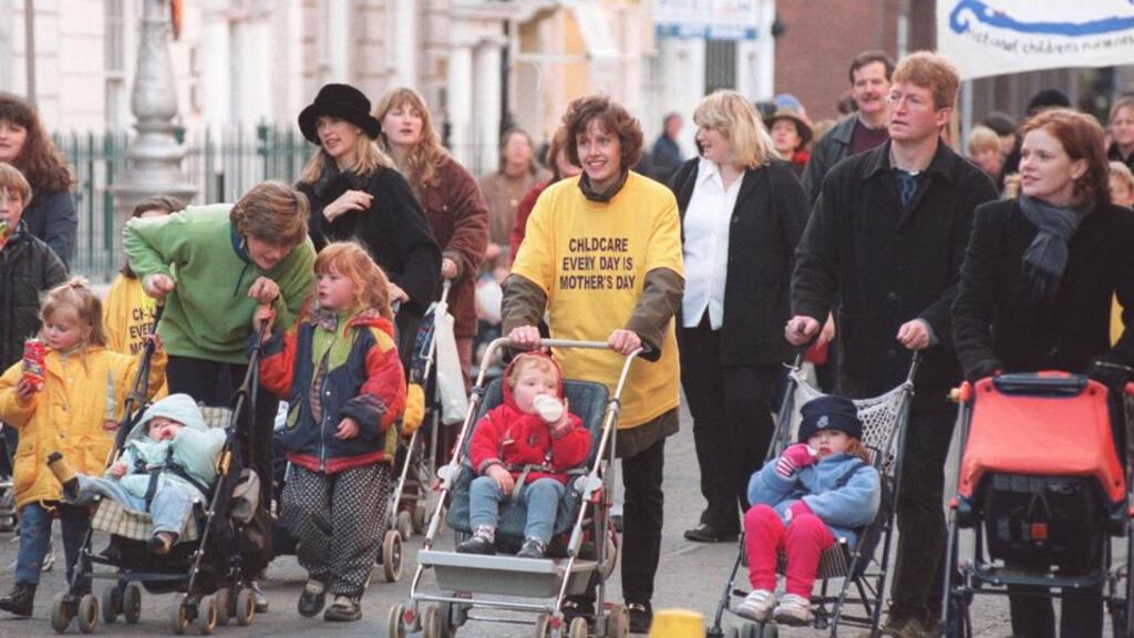 Long-running childcare issue: Some of the participants in the National Women’s Council of Ireland march to the Dáil in 2002 demanding childcare benifits. Photograph Paddy Whelan