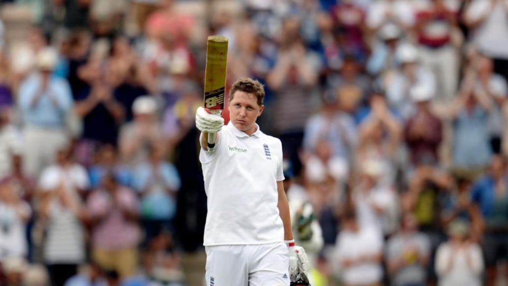 England’s Gary Ballance lifts his bat after reaching his century during the third Test against India at the Rose Bowl cricket ground in Southampton. Photograph: Philip Brown/Reuters
