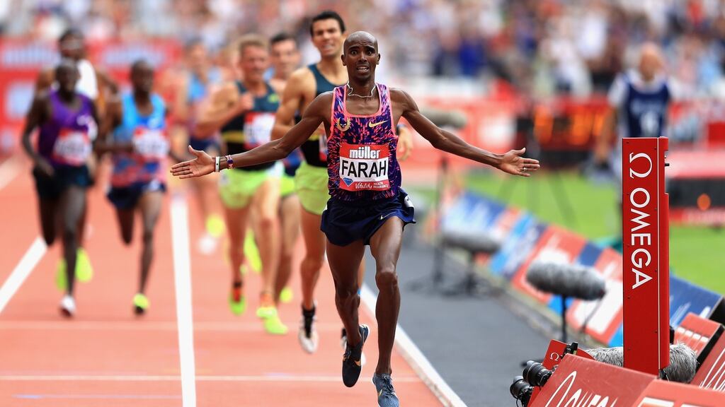 Britain’s Mo Farah wins the 3,000m at the r Anniversary Games at London Stadium. Photograph: Getty Images