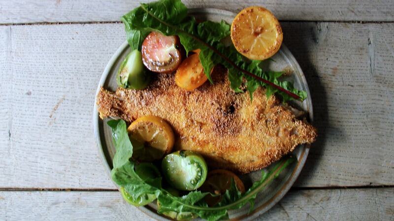 Polenta and garlic dusted plaice