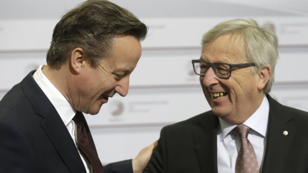‘In his allies’ eyes, David Cameron enjoys unprecedented political capital: his domestic sceptics have been silenced; and his European Union counterparts have had to hold their tongues, too, because he has done what many of them cannot.’ Above,  Cameron with European Commission President Jean-Claude Juncker before the Eastern Partnership Summit session in Riga, Latvia, last week. Photograph: REUTERS/Ints Kalnins