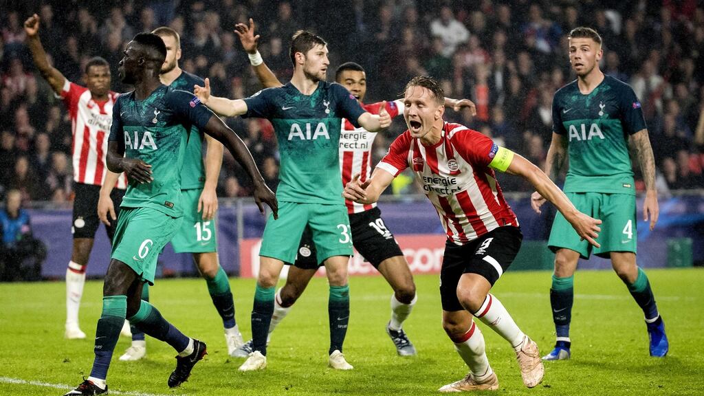 Luuk de Jong celebrates scoring PSV Eindhoven’s second goal in the Champions League match against Tottenham Hotspur at Philips Stadion. Photograph: Koen van Weel/EPA