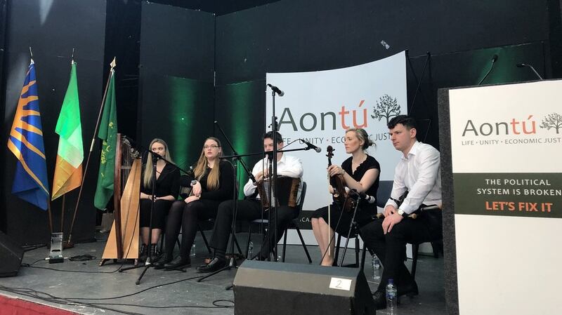 More than 300 people attended the party’s national launch on Saturday, which kicked off with a performance of traditional Irish music, including a harp and fiddle player. Photograph: Jack Power