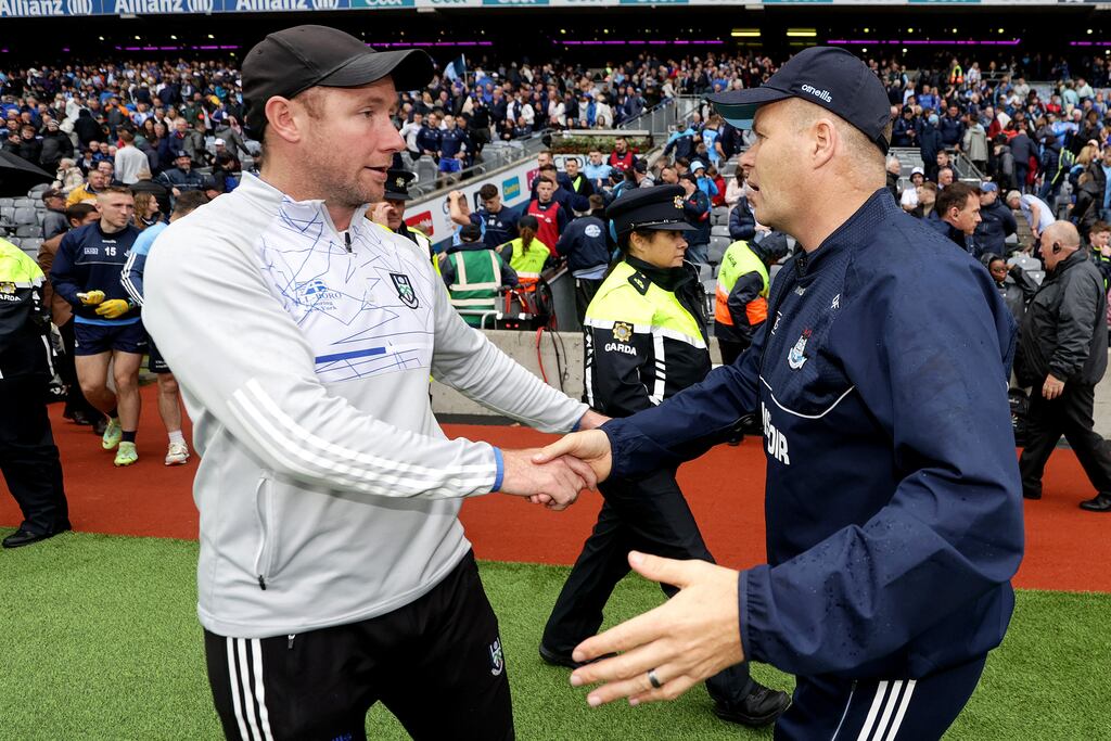 Vinnie Corey shakes hands with Dessie Farrell after Saturday's All-Ireland semi-final. Photograph: Laszlo Geczo/Inpho