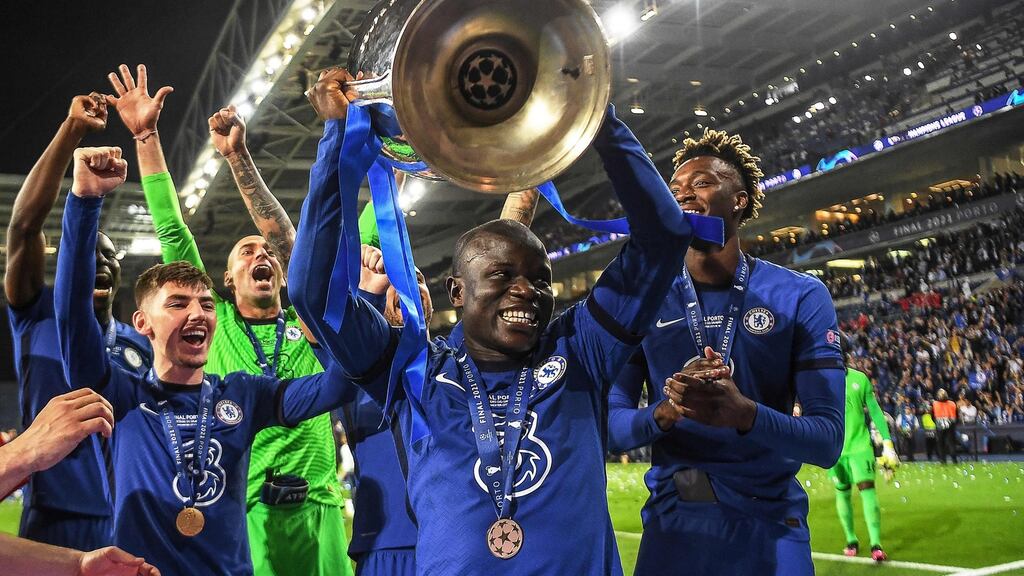 Chelsea’s French midfielder N’Golo Kante lifts the trophy after the Champions League final victory over Manchester City at the Estádio do Dragão in Porto. Photograph: David Ramos/AFP/Getty Images