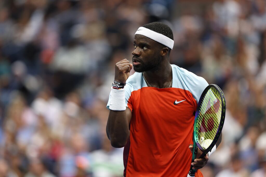 Frances Tiafoe celebrates a point against Andrey Rublev during their men’s singles quarter-final match at the Us Open. Photograph: Matthew Stockman/Getty Images