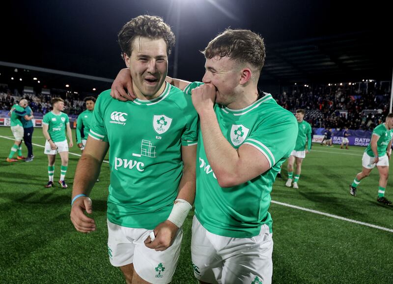 Ireland's Wilhelm De Klerk and Jack Murphy celebrate victory against France. Photograph: Dan Sheridan/Inpho