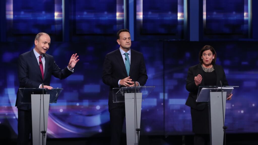 Fianna Fáil leader Micheál Martin, Fine Gael leader Leo Varadkar and Sinn Féin president Mary Lou McDonald during the final TV leaders’ debate at the RTÉ studios in Donnybrook, Dublin on February 4th. Photograph: Niall Carson/Pool/Getty Images