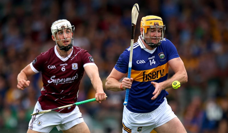 Galway’s Daithí Burke and Seamus Callanan of Tipperary in action in the All-Ireland quarter final last summer. Three-time All-Ireland winner Callanan has since announced his retirement following an outstanding career. Photograph: Ryan Byrne/Inpho