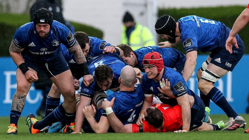 Jack Conan emerges after scoring the only try of the match against Munster. Photograph: Billy Stickland/Inpho