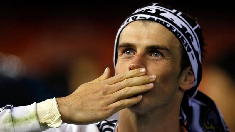 Real Madrid’s Gareth Bale celebrates after the Copa del Rey final victory over Barcelona at Mestalla Stadium in Valencia. Photograph: Sergio Perez/Reuters