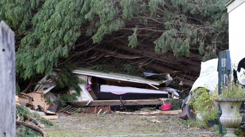 A general view of the scene in Hever, Kent, where a 17-year-old girl was killed when a tree blew on to the caravan where she was sleeping. Photograph: Philip Toscano/PA Wire