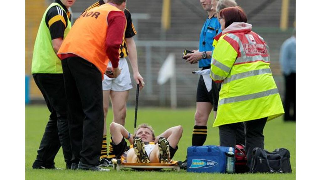 Kilkenny's Aidan Fogarty is stretchered off the pitch during the National Hurling League Division 1 game against Offaly at Nowlan Park. Photograph: Morgan Treacy/Inpho