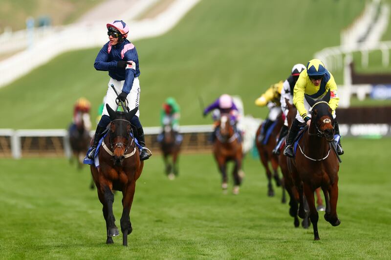 Paul Townend riding Kopek Des Bordes celebrates  winning the Michael O'Sullivan Supreme Novices' Hurdle at Cheltenham on March 11th, 2025. Photograph: Dan Istitene/Getty Images