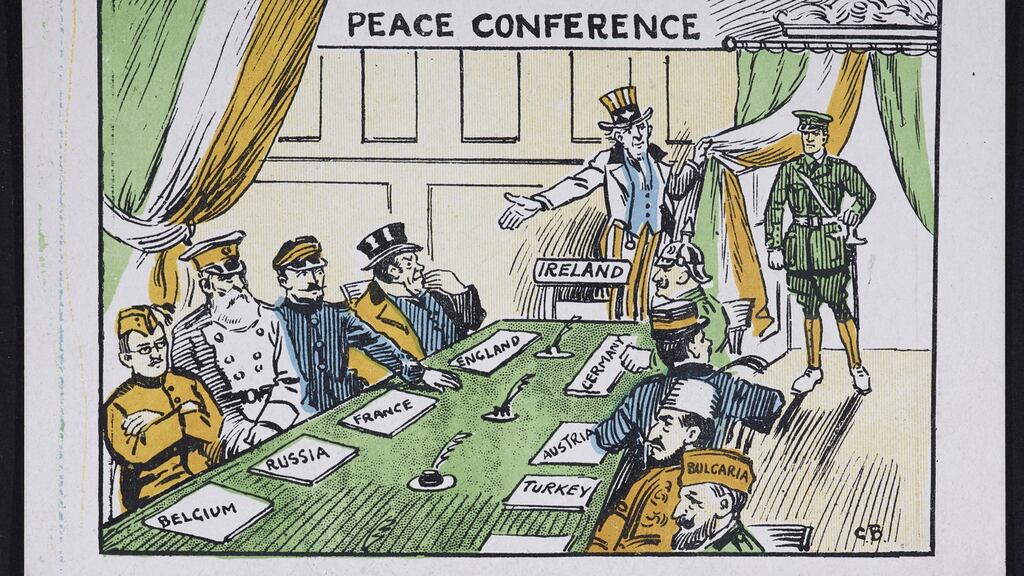 A cartoon depicting a uniformed Irish Volunteer (representing Ireland) being introduced to the Versailles Conference table by Uncle Sam. Other participants at the conference table are represented by stylised figures such as John Bull. Photograph: NLI