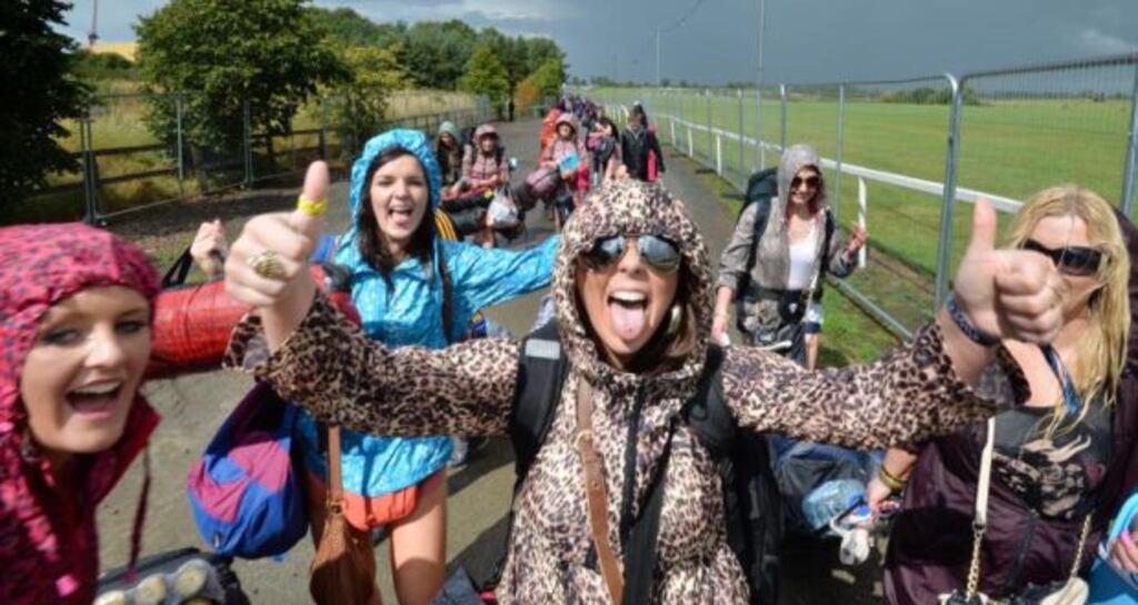 Ciara Brennan from Tipperary, Katie Keel from Clonmel and Chloe Murphy (centre) from Waterford, arriving to Punchestown at the start of Oxegen last year. Photograph: Alan Betson