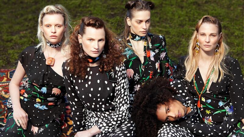 Alice dress in leopard €270 by Rixo at Brown Thomas, Alexa scarf in chalk tulip €45 at rixo.co.uk. Moss blouse in white leopard €200 Brown Thomas,Georgia shirt in spot leopard €255 in Brown Thomas, Jamie shirt in leopard, Martha dress in tulip print €350 Brown Thomas.