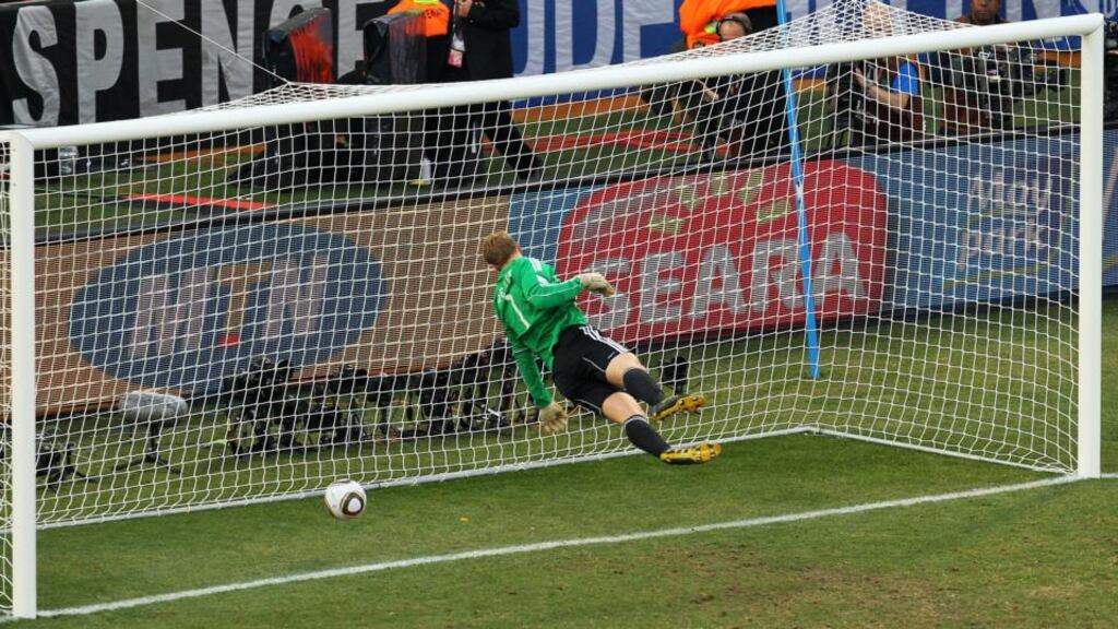The failure of officials to award Frank Lampard a goal for this shot against Germany which crossed the line during the 2010 World Cup is one of the reasons for the introduction of goal-line technology. Photograph: Cameron Spencer/Getty Images