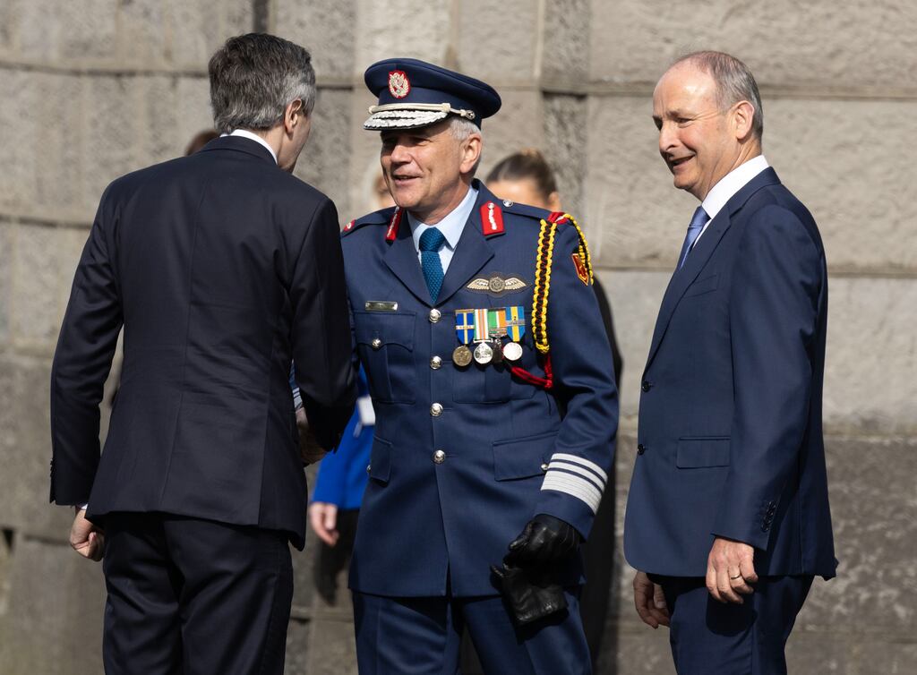 The Defence Forces chief-of-staff, Lieut Gen Sean Clancy, with Taoiseach Simon Harris and Tánaiste Micheál Martin. Photograph: Colin Keegan, Collins Dublin