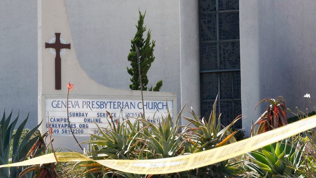 Police tape lines the sidewalk outside of Geneva Presbyterian Church, the site of a shooting that took place in the early afternoon in Laguna Woods, California. Photograph: Caroline Brehman/EPA