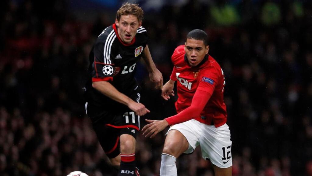 Bayer Leverkusen’s Stefan Kiessling in action against Manchester United’s Chris Smalling during their recent Champions League match at Old Trafford. Photograph: Phil Noble/Reuters