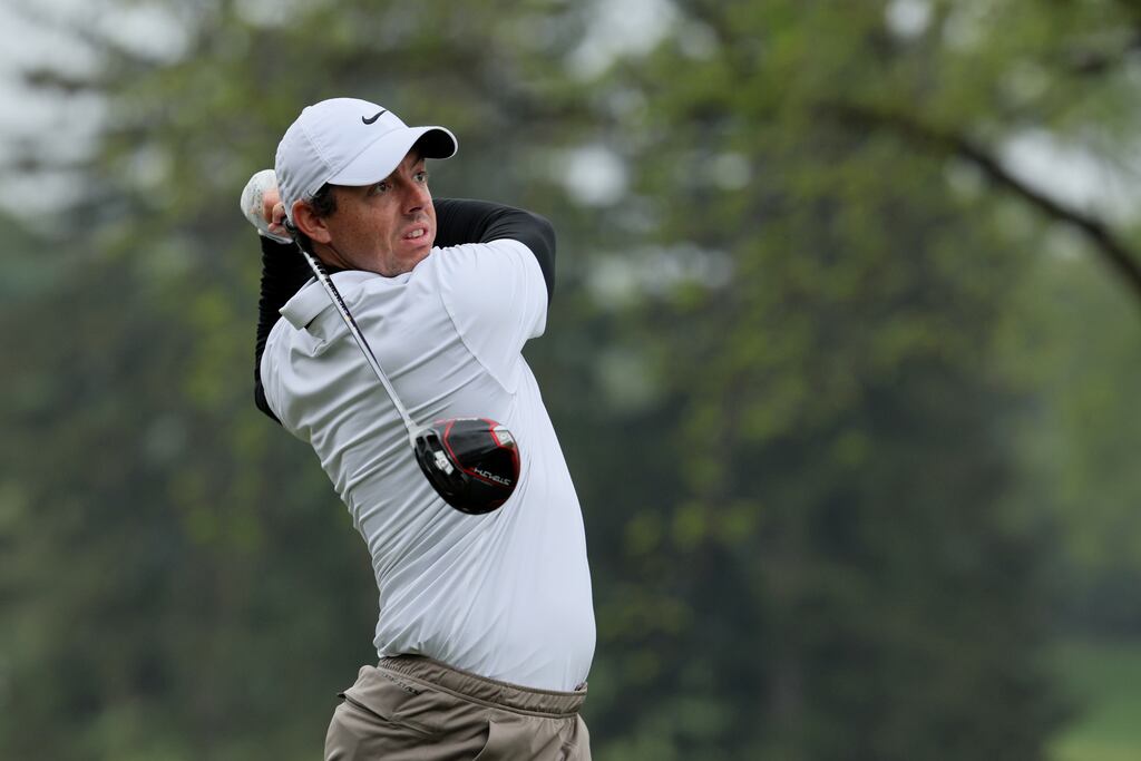 ROCHESTER, NEW YORK - MAY 20: Rory McIlroy of Northern Ireland plays his shot from the 18th tee during the third round of the 2023 PGA Championship at Oak Hill Country Club on May 20, 2023 in Rochester, New York. (Photo by Andy Lyons/Getty Images)