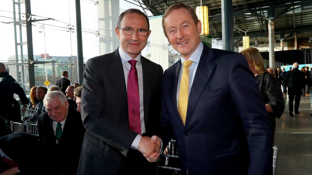Martin O’Neill with Taoiseach Enda Kenny at Thursday’s Euro 2020 logo launch. Photograph: James Crombie/Inpho