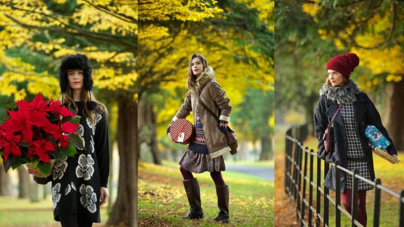 (L-R) 1. Black and white flower detail dress €47.50, black tights €11, black faux fur har €27, M&S poinsettia grown in Wexford €14.50. 2. Faux shearling coat €129, Fair Isle sweater €59, paisley skirt €38, berry tights €4.75, brown high boots €135, tan bag, €110. 3. Navy sequin coat €160, blue and wine check top €53, blue and wine check skirt €53, berry tights €4.75, burgundy leather bag €42