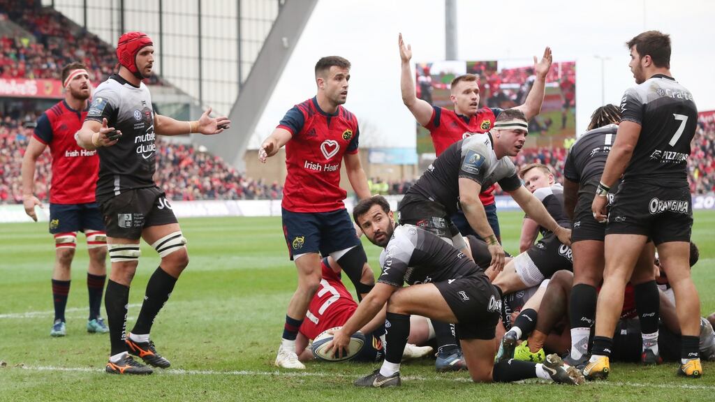 Munster’s Conor Murray protests before being awarded a try during the Champions Cup quarter-final win over Toulon at Thomond Park, Limerick. Photograph: Niall Carson/PA
