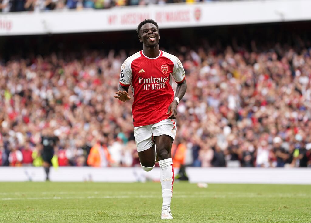 Arsenal's Bukayo Saka celebrates scoring his side's second goal of the game. Photograph: Adam Davy/PA Wire