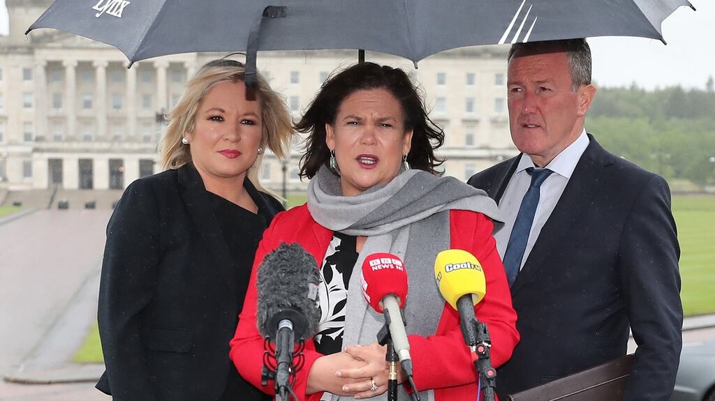 Sinn Fein’s Michelle O’Neill, Mary Lou McDonald and Conor Murphy. Photograph: Niall Carson/PA Wire