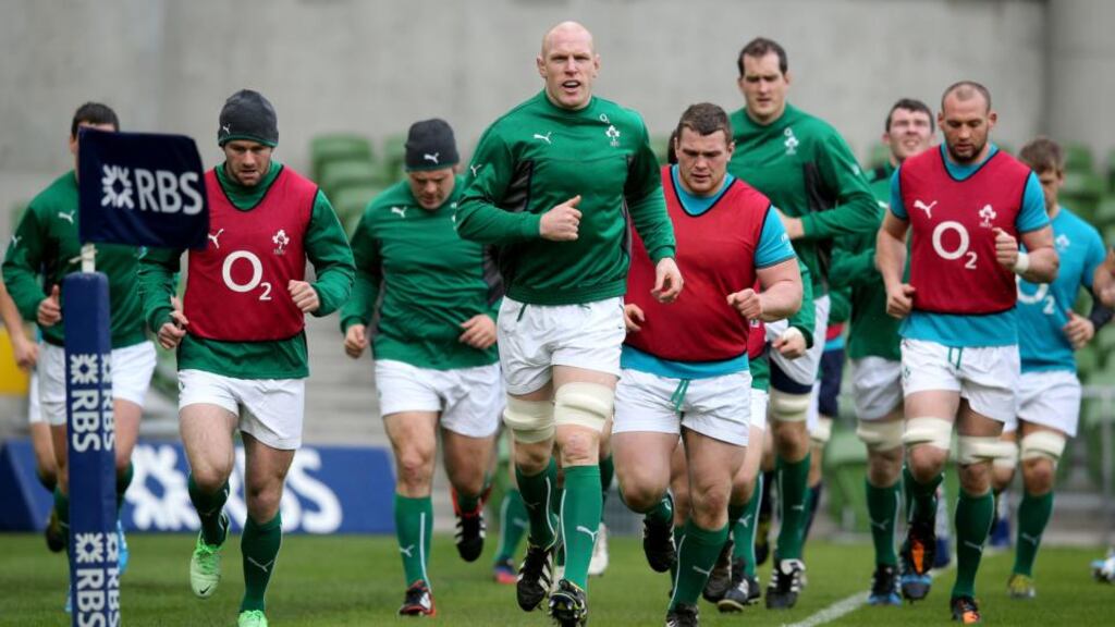 Paul O’Connell leads the captain’s run at the Aviva Stadium before he pulled out of the Scotland game through illness. Photograph: Inpho