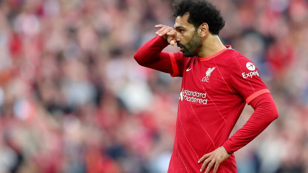 Mohamed Salah of Liverpool looks dejected as Manchester City finish the 2021/2022 season as champions. Photograph: by Alex Livesey/Getty