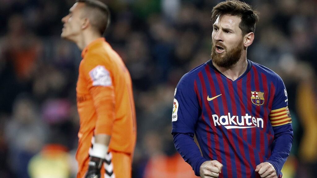Barcelona’s Leo Messi celebrates after scoring against Real Valladolid at Camp Nou stadium in Barcelona. Photograph: EPA/Andreu Dalmau