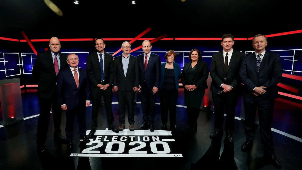 The Tonight Show Leaders’ Debate featured presenter Ivan Yates, Labour leader Brendan Howlin, Taoiseach Leo Varadkar, Solidarity/People Before Profit’s Mick Barry, Fianna Fáil leader Micheál Martin, Social Democrats’ co-leader Catherine Murphy, Sinn Féin leader Mary Lou McDonald, Green Party leader Eamon Ryan and presenter Matt Cooper. Photograph: Maxwell Photography