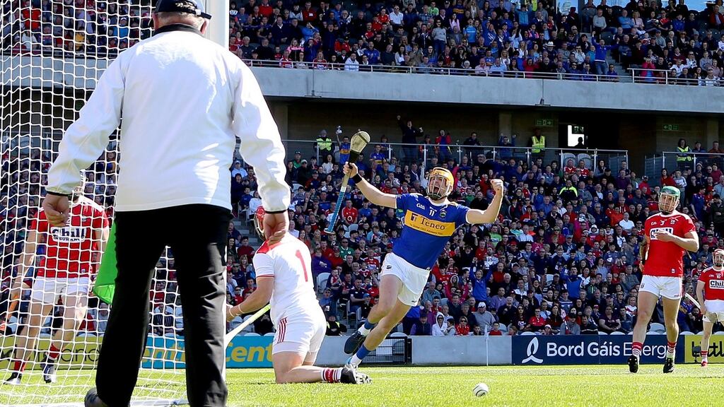 Tipperary’s Séamus Callanan celebrates scoring his side’s first goal against Cork in the Munster SHC  Round 1 match at Páirc Uí Chaoimh. Photograph: James Crombie/Inpho