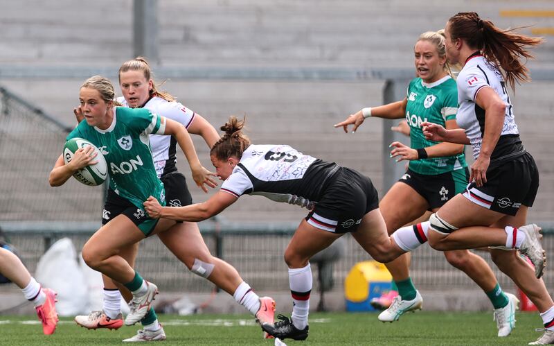 Ireland's Aoibheann Reilly makes a break past Canada's Justine Pelletier during the warm-up game in Belfast on August 9th. Photograph: Ben Brady/Inpho