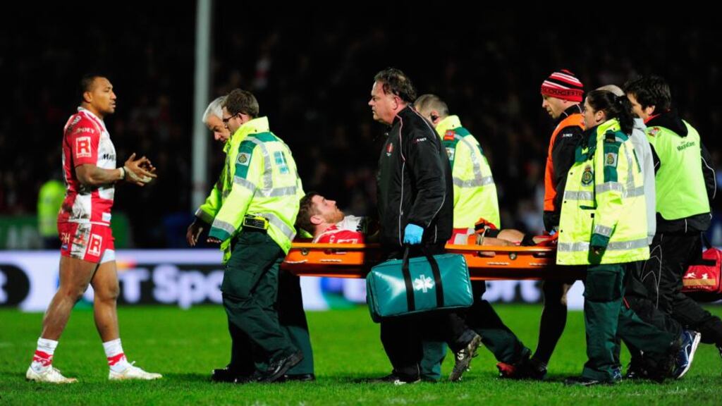 Ben Morgan of Gloucester is stretchered off after breaking a leg during the Aviva Premiership match against Saracens at Kingsholm Stadium. Photograph: Stu Forster/Getty Images