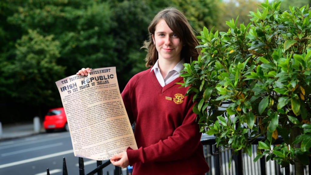 Sophie Bannon, a student at Loreto College, St Stephen’s Green, Dublin, with the 1916 proclamation. Photograph: Dara Mac Dónaill