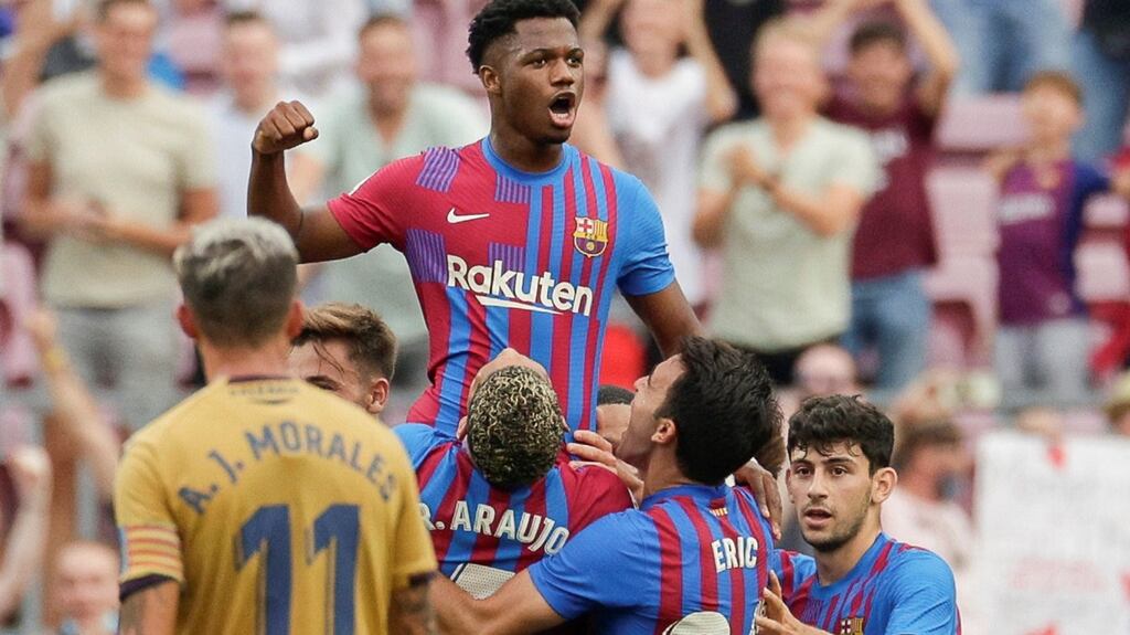 Barcelona’s Ansu Fati celebrates scoring against Levante at Camp Nou in Catalonia. Photograph: Quique Garcia/EPA